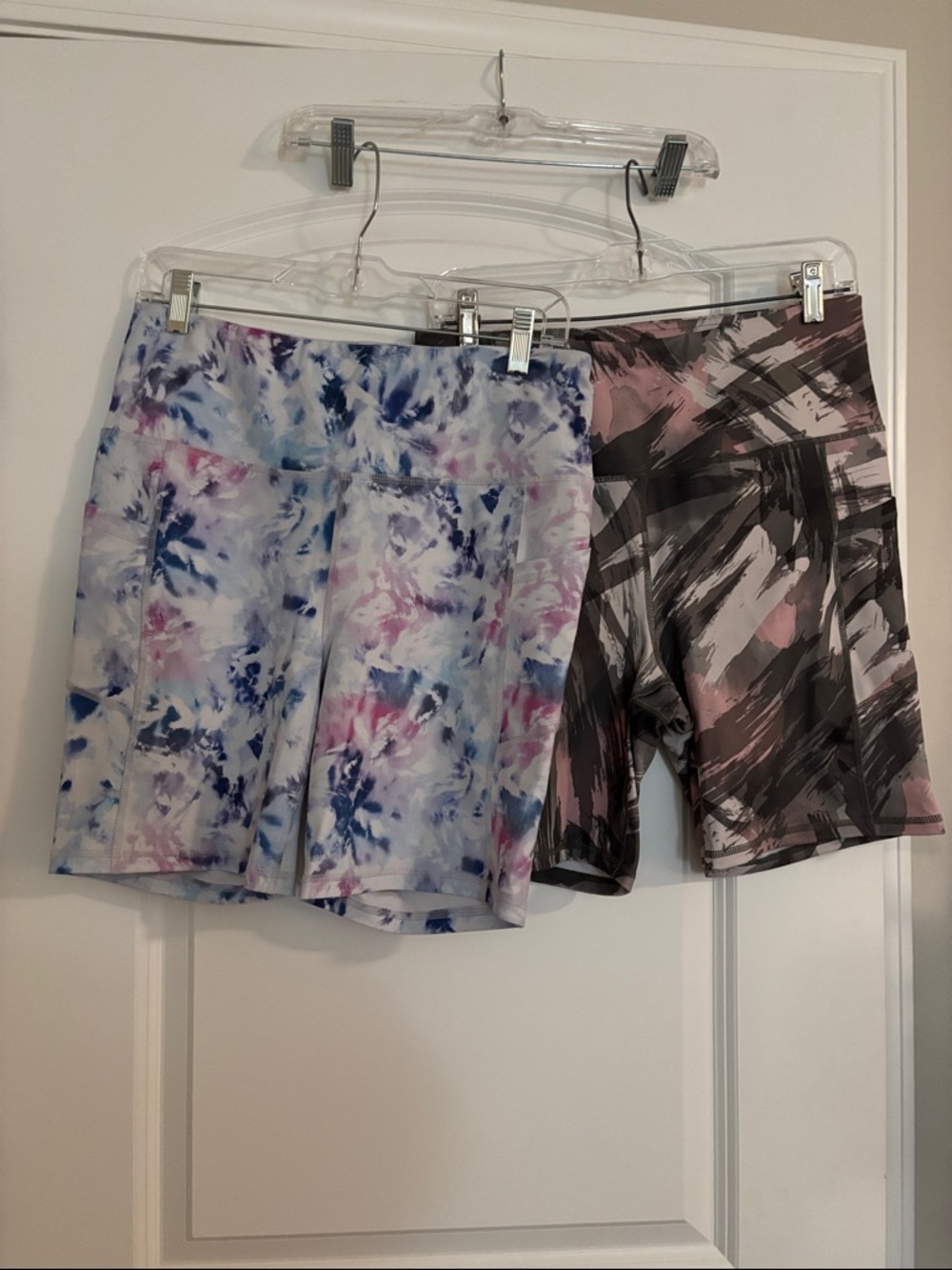 GAIAM Women's Two-Pack Bike Shorts in Blue Tie-Dye & Pink Brushstroke